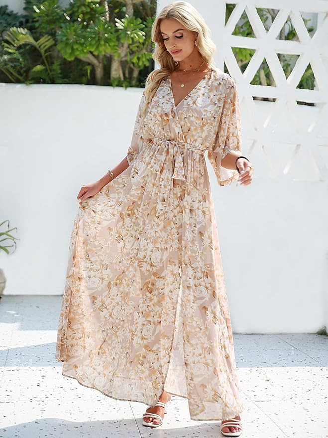 ANRABESS Women’s Summer Loose Kimono Maxi Dress Wrap V Neck 3/4 Sleeve Floral Print Slit Long D... | Amazon (US)