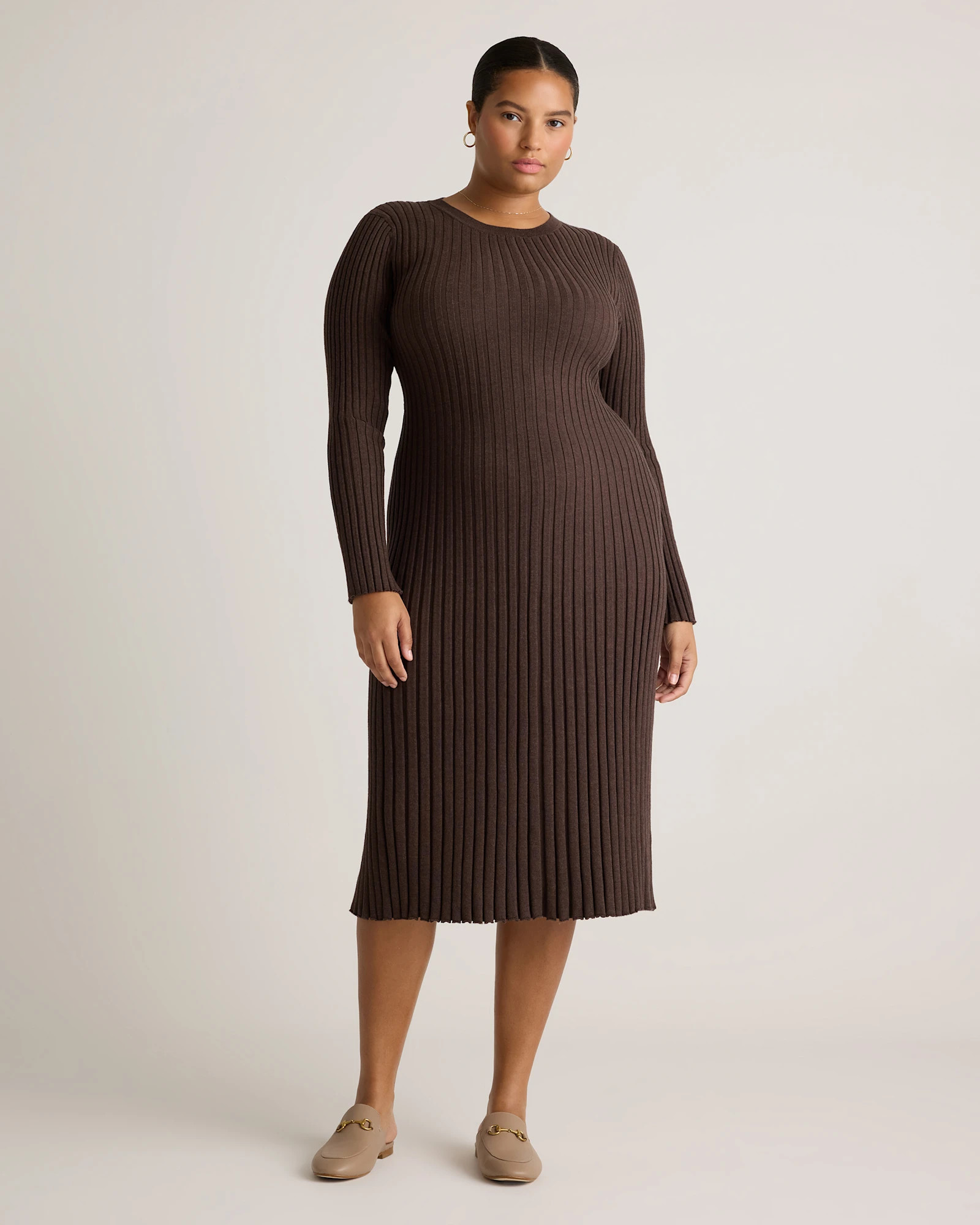 Quince | Women's Cotton Cashmere Ribbed Long Sleeve Crew Midi Dress in Heather Charcoal, Size XS | Quince
