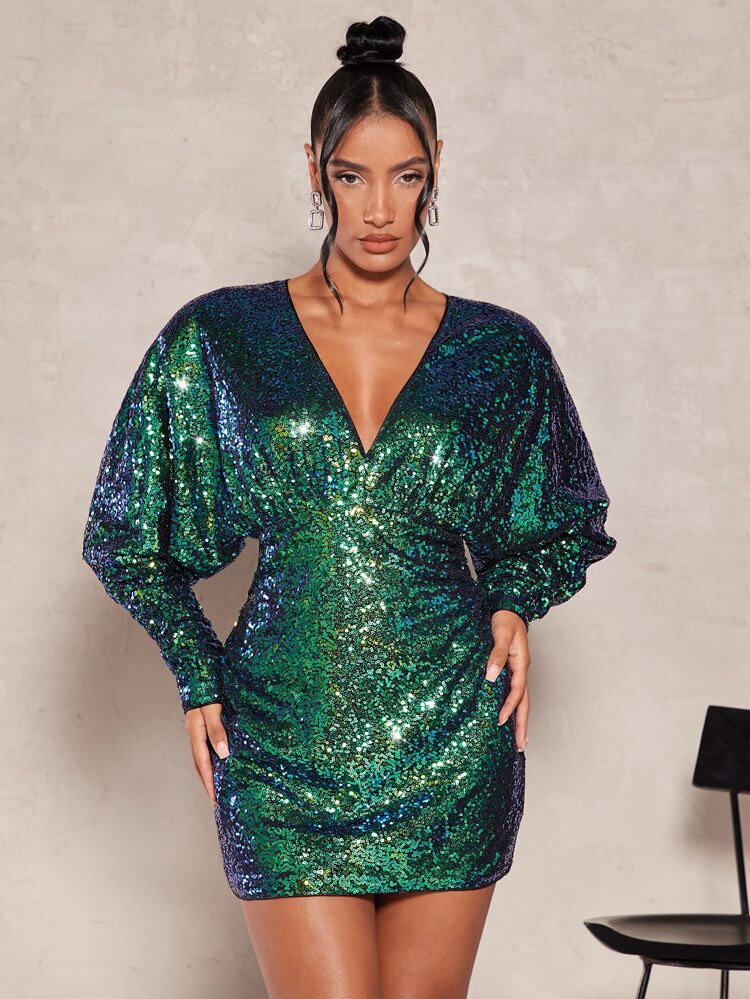 SHEIN BAE Deep V Neck Batwing Sleeve Sequin Bodycon Dress | SHEIN