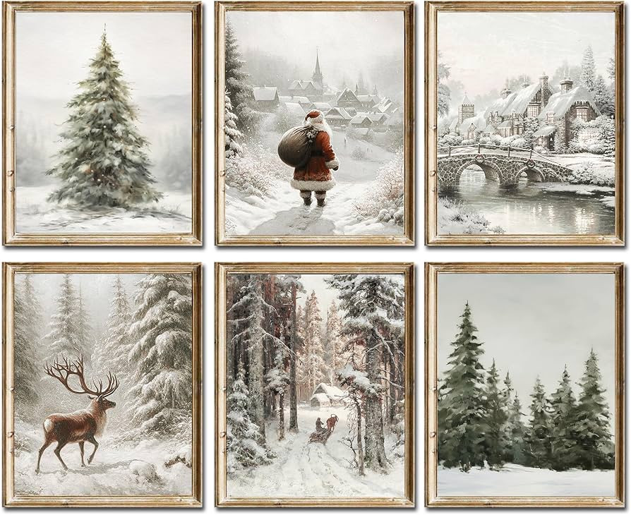 Vintage Christmas Wall Art Santa Claus Reindeer Pictures Winter Print Pine Tree Poster Prints for... | Amazon (CA)