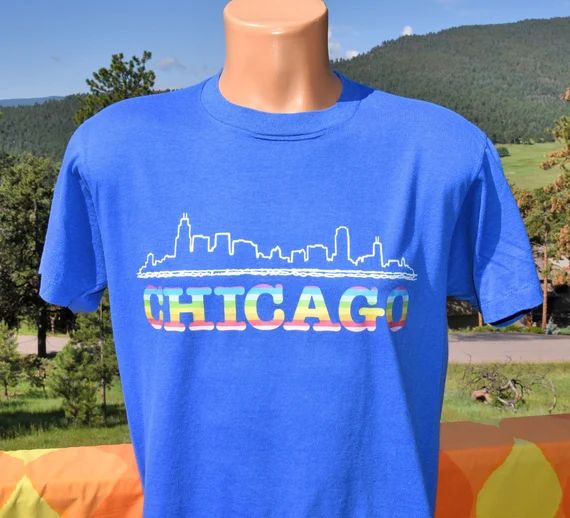 vintage 80s t-shirt CHICAGO illinois rainbow skyline tee Large Medium | Etsy (US)