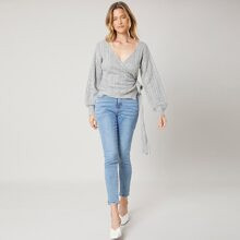 Knot Side Balloon Sleeve Wrap Cardigan | SHEIN