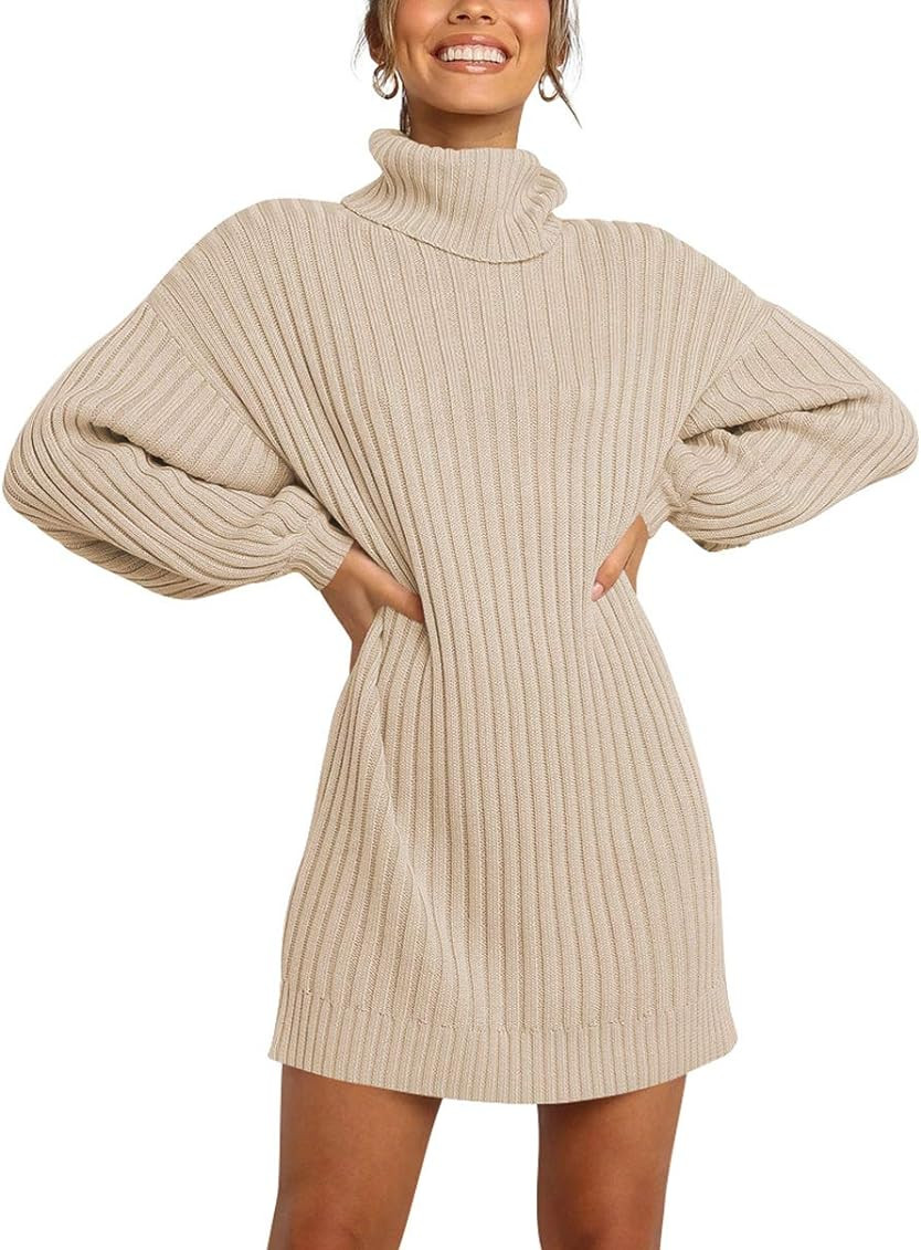 LOGENE Women's Sweater Dress Turtleneck Long Balloon Sleeve Ribbed Knit Oversized Pullover Dresses | Amazon (US)