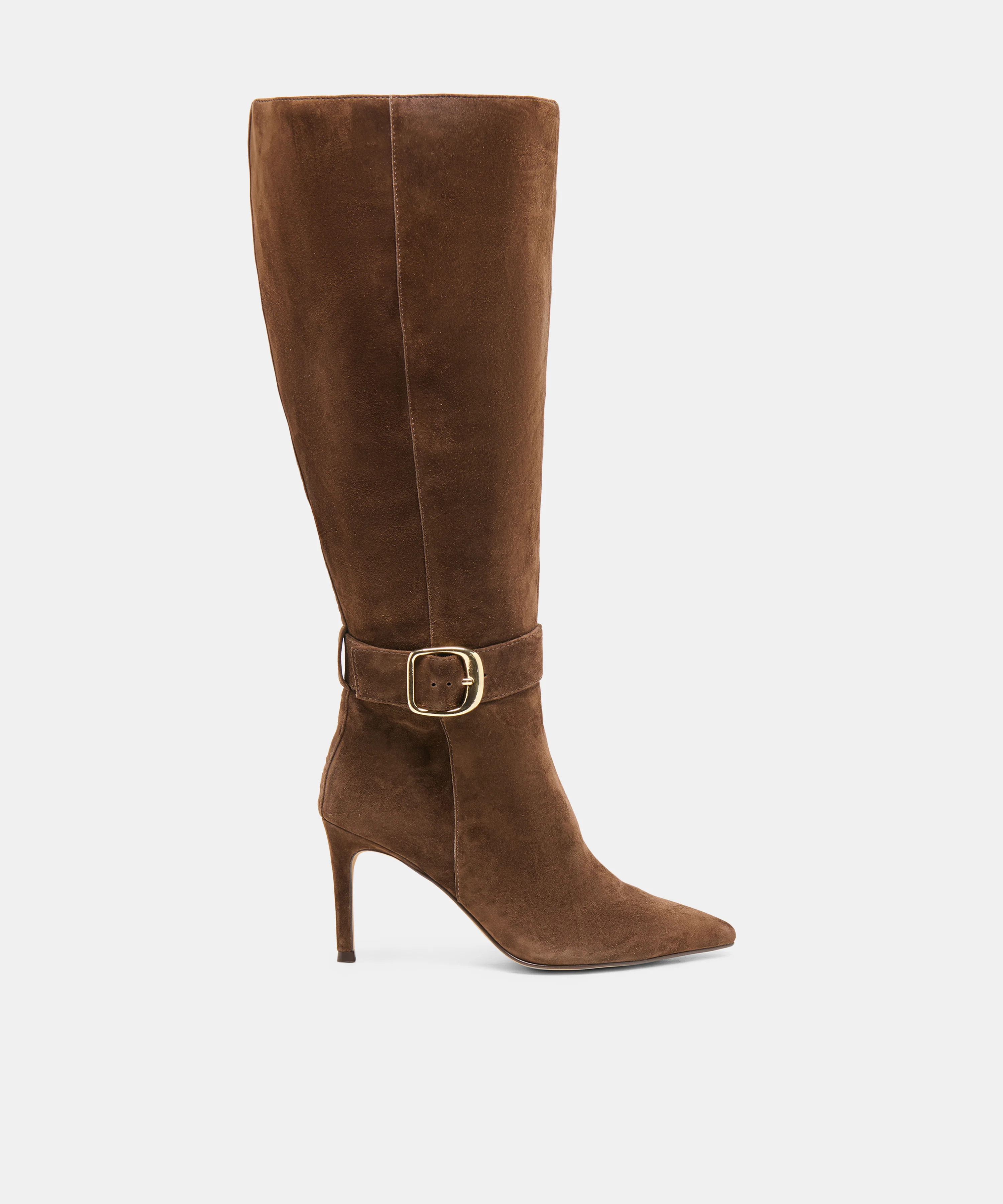KINZY Dk Brown Suede Knee-High Stiletto Extra Wide Calf Boots | Dolce Vita | DolceVita.com