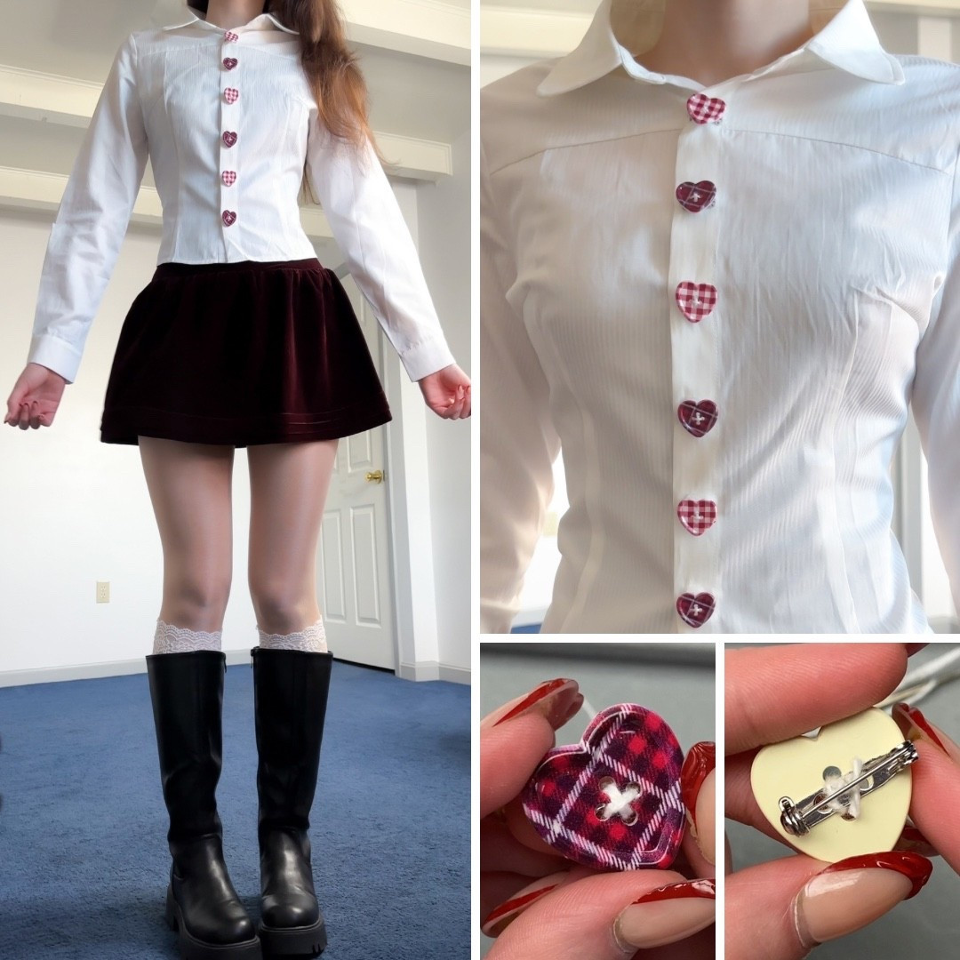 diy button pin brooches ♥️ this would be such a cute + easy way to spice up a valentines/galentines day outfit! 

The holes on the heart buttons lined up perfectly with the holes on these 0.75 inch pin backs (pretty sure I bought those back in 2016 or 2017 when enamel pins were trending 💀) so I just used some embroidery thread to sew them on. I figured that was a better option than glue in case I want to reuse the buttons for another project later. 

the outfit was from cider (use c0de “WELLERMEGS15” for 15% off!) the boots were from Dreampairs, and the buttons were from Amazon. 

#LTKSeasonal #LTKValentine #LTKootd
