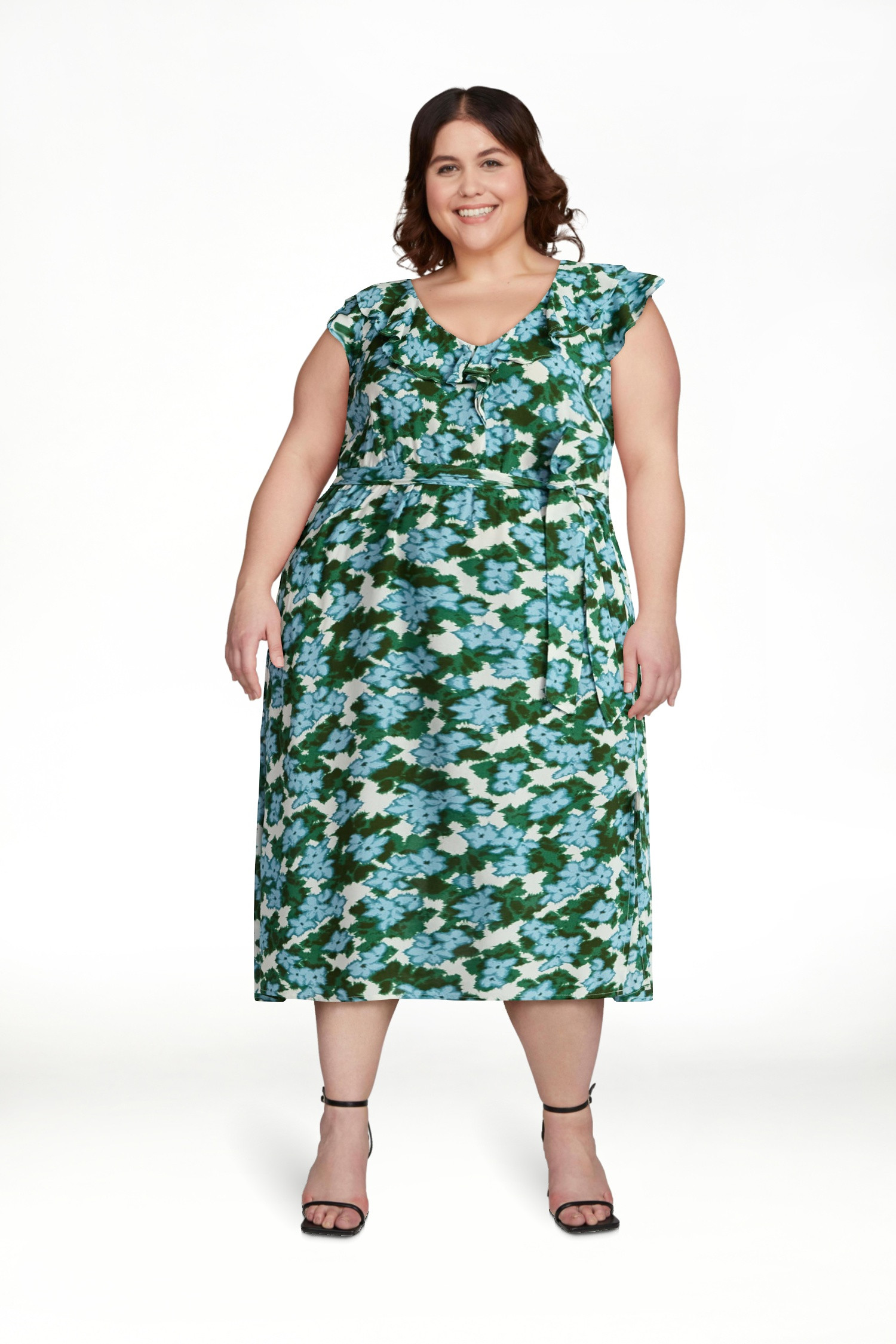 Time and Tru Women's and Women's Plus Ruffle Midi Dress with Flutter Sleeves, Sizes XS-4X - Walma... | Walmart (US)