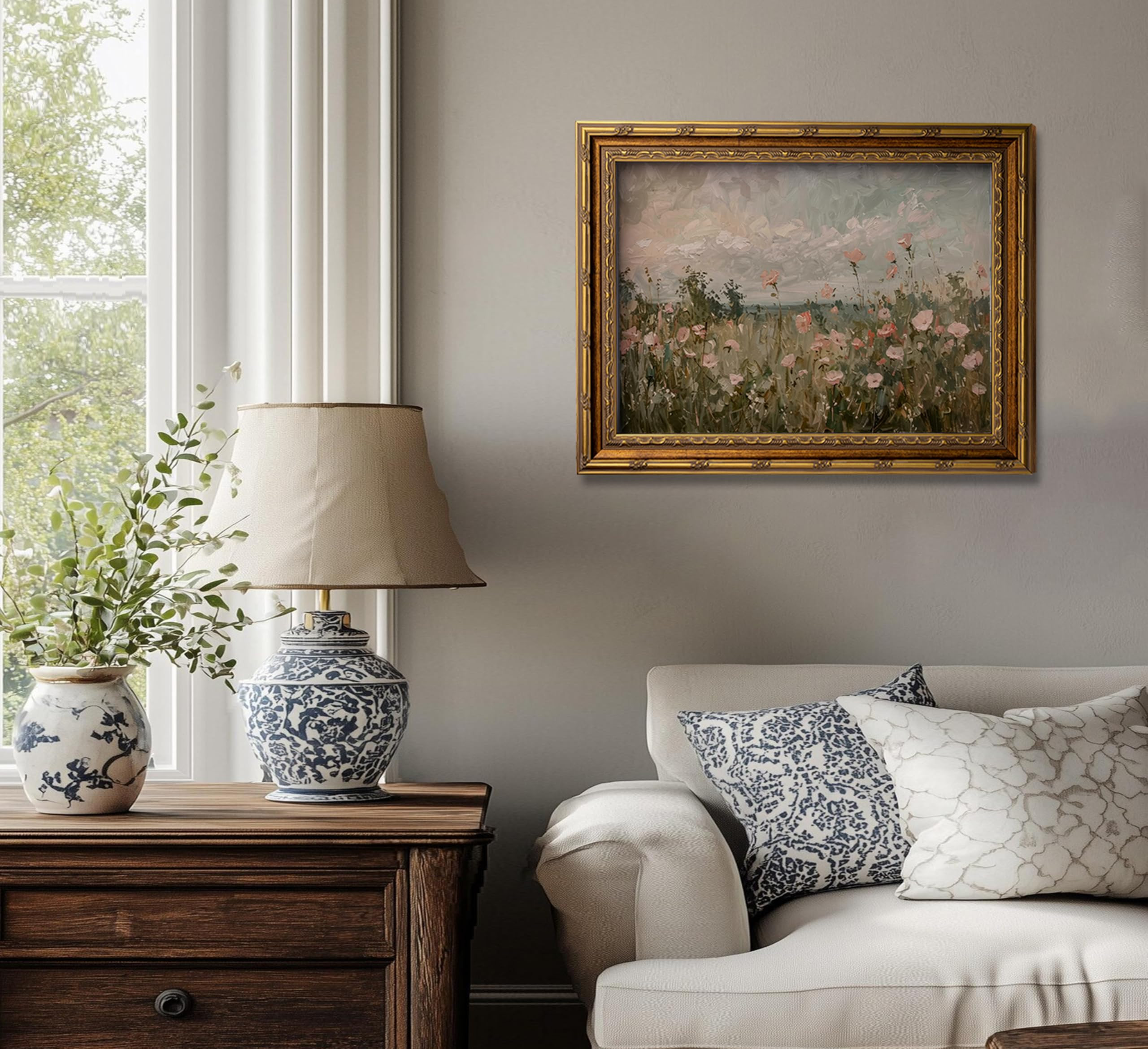 Vintage Gold Framed 3D Texture Wildflower Canvas Wall Art Pink Wildflower Landscape Wall Decor Field of Pink Poppies Painting Country Natural Flowers Poster Print Artwork for Living bedroom Home | Amazon (US)