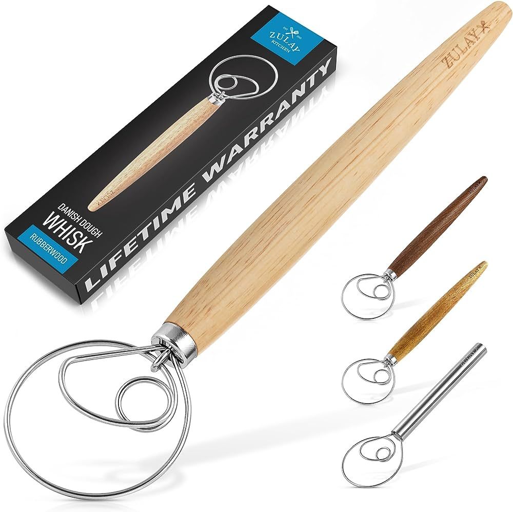 Zulay Kitchen 13-Inch Danish Dough Whisk - Wooden Danish Whisk for Dough with Stainless Steel Dou... | Amazon (US)