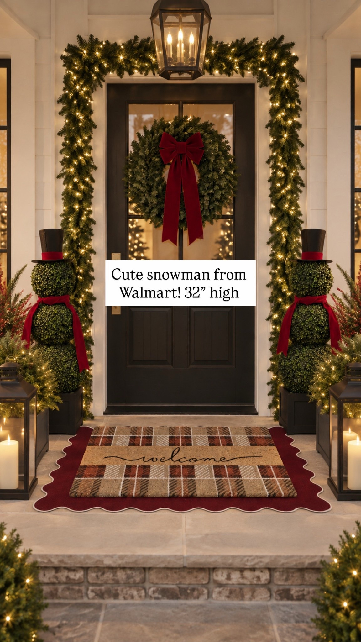 Christmas porch magic ❤️🎄 I’m loving this classic mix of plaid, deep red and greenery! The layered rugs add the coziest welcome, and these little boxwood snowmen are such a fun way to add a little Christmas charm without going over the top. ✨

#LTKSeasonal #LTKHome #LTKSaleAlert