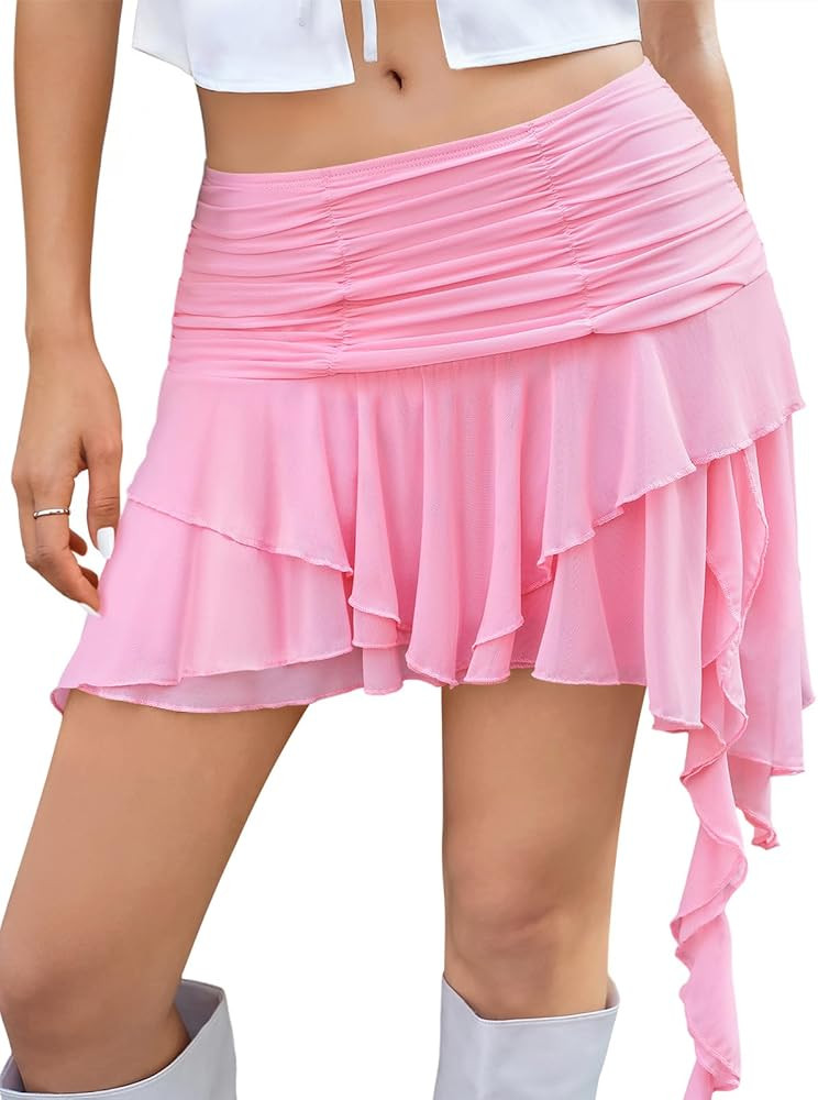 Women's Y2K Mini Skirts Mesh Flowy Ruffled Skirt Layered Low Rise Pleated Asymmetrical Short Skir... | Amazon (US)