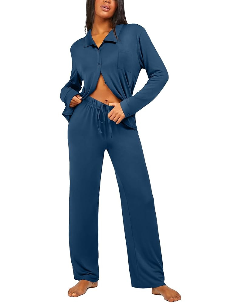 Ekouaer Womens Pajama Sets Soft Button Down Lounge Set Long Sleeve Pjs Set 2 Piece Turn Down Coll... | Amazon (CA)