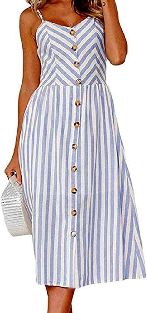 Angashion Women's Petite-Plus-Size Summer Floral Bohemian Spaghetti Strap Button Down Swing Midi Dre | Amazon (US)