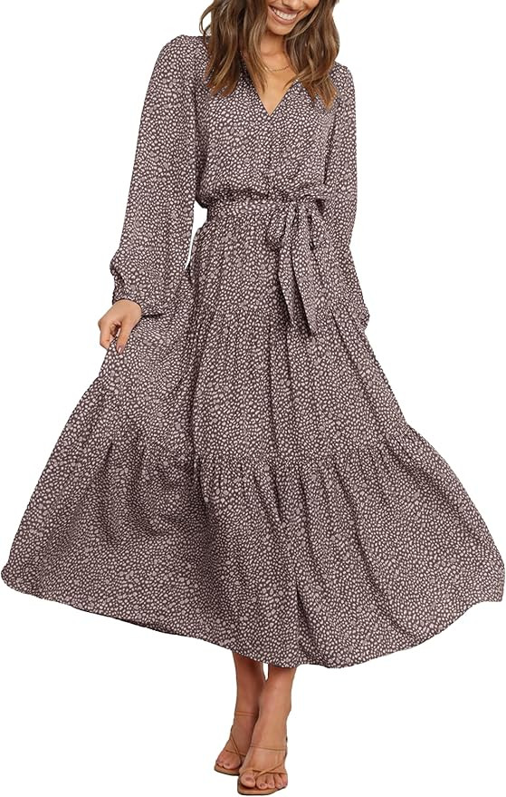 PRETTYGARDEN Womens Fall Long Sleeve Wrap V Neck Ruffle Floral Maxi Dress Casual Tie Waist Boho C... | Amazon (US)