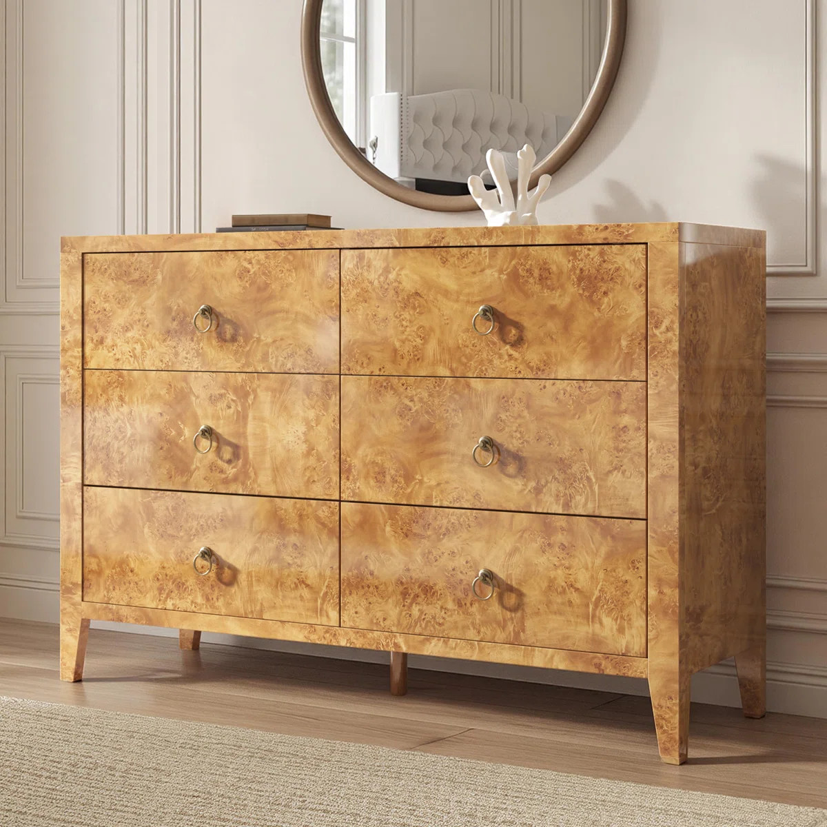 Dorne Modern High Gloss Burl 6-drawer Wide Dresser, Yellow | Wayfair North America