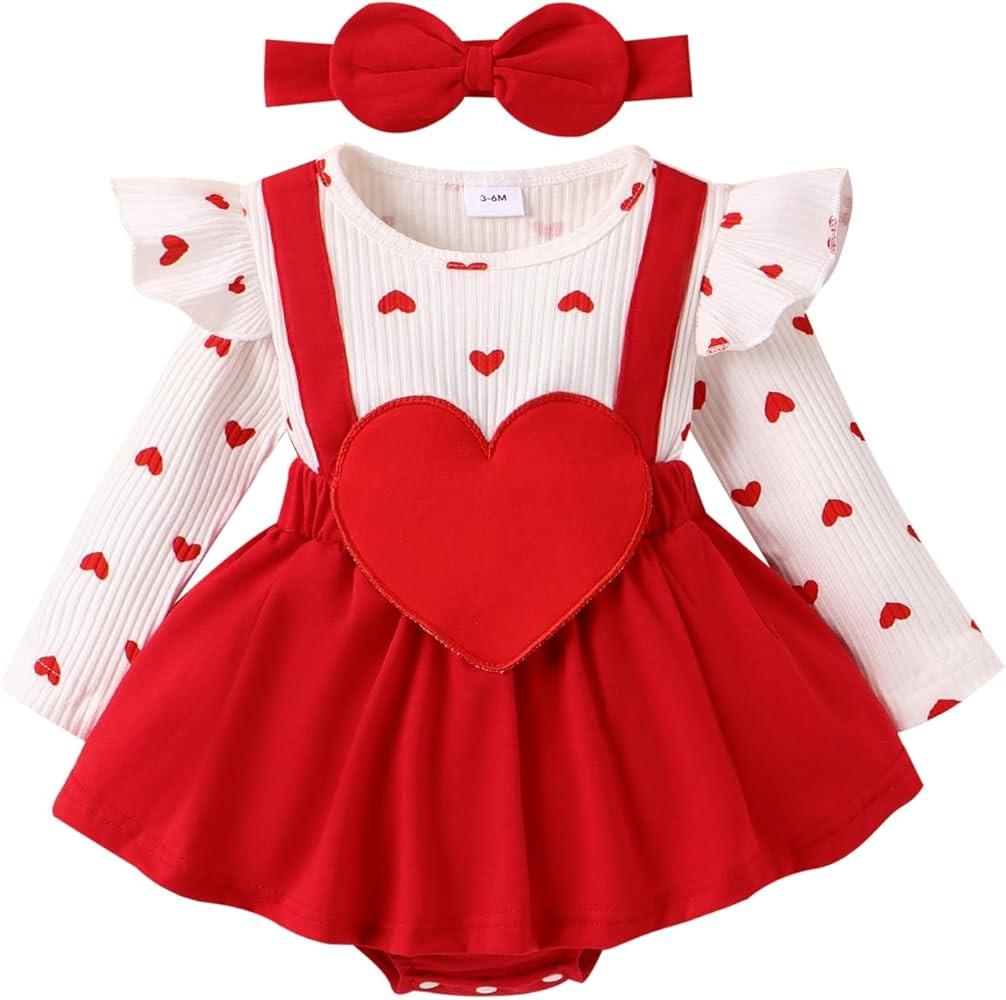 Valentine Baby Girl Outfit Heart Print Ribbed Long Sleeve Newborn Valentines day Romper Dress Hea... | Amazon (US)