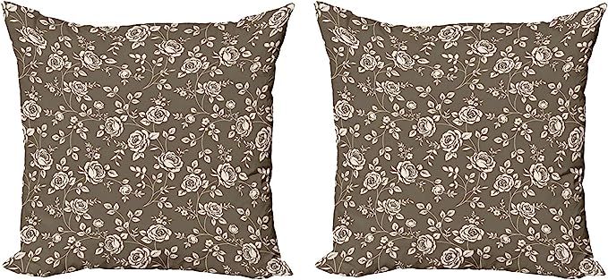 Lunarable Rose Throw Pillow Cushion Cover Pack of 2, Silhouette Pattern of Rose Branches Twig Orn... | Amazon (US)