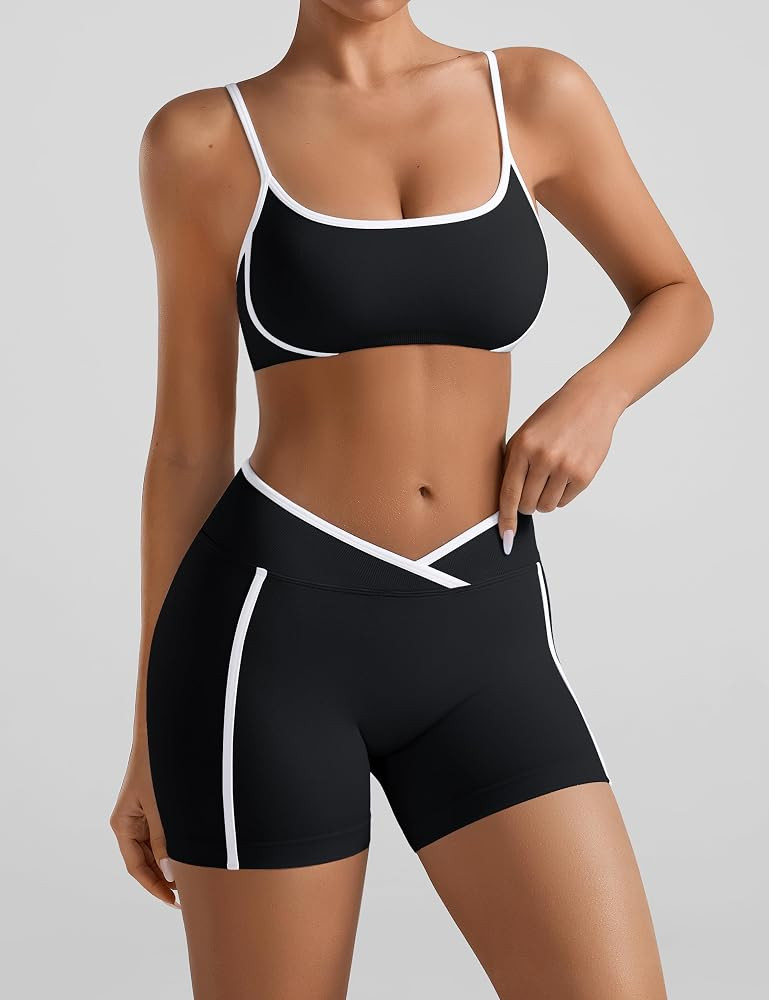 Relety Womens Workout Sets 2 Piece Seamless Sports Bra Crossover Scrunch Butt Shorts Contrast Tri... | Amazon (US)