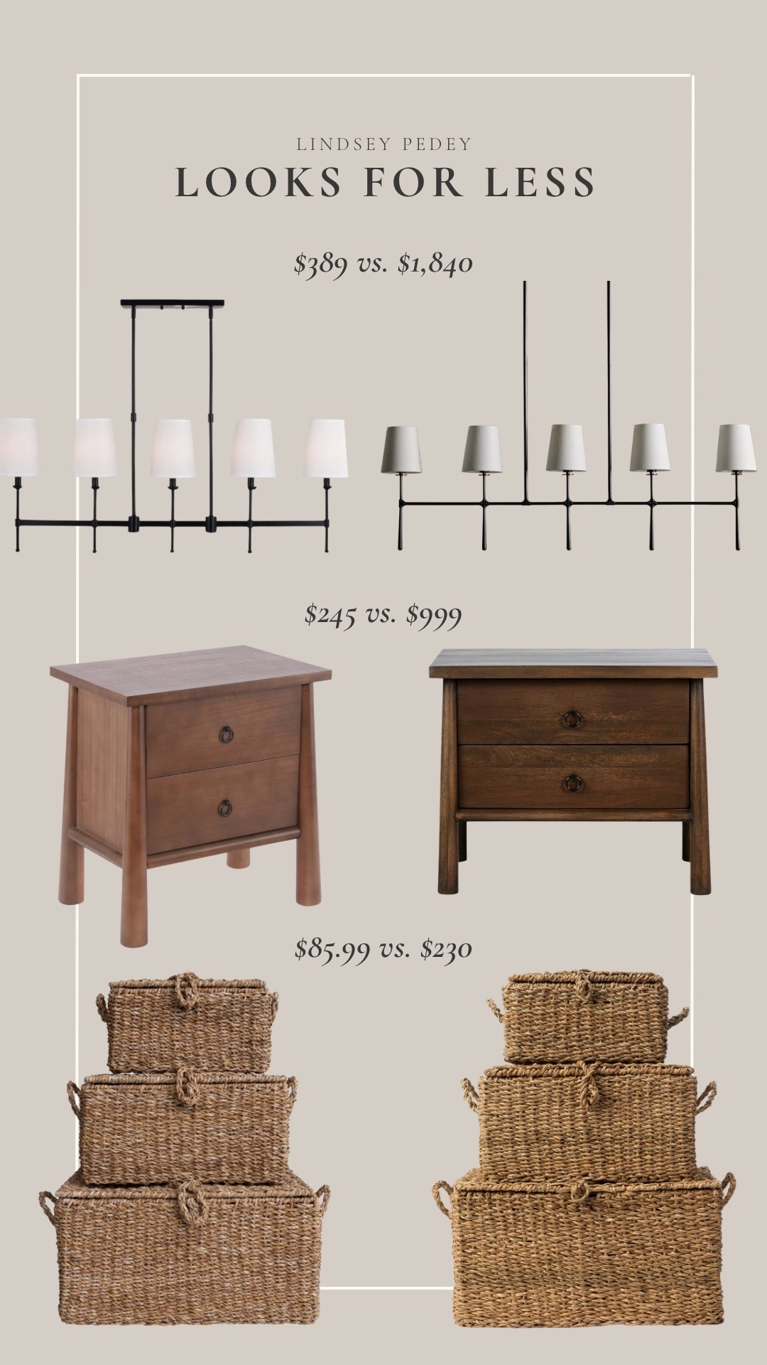 Look for less finds!

Save vs splurge, nightstand, chandelier, designer lookalike, woven baskets, spring finds

#LTKSpringSale #LTKHome