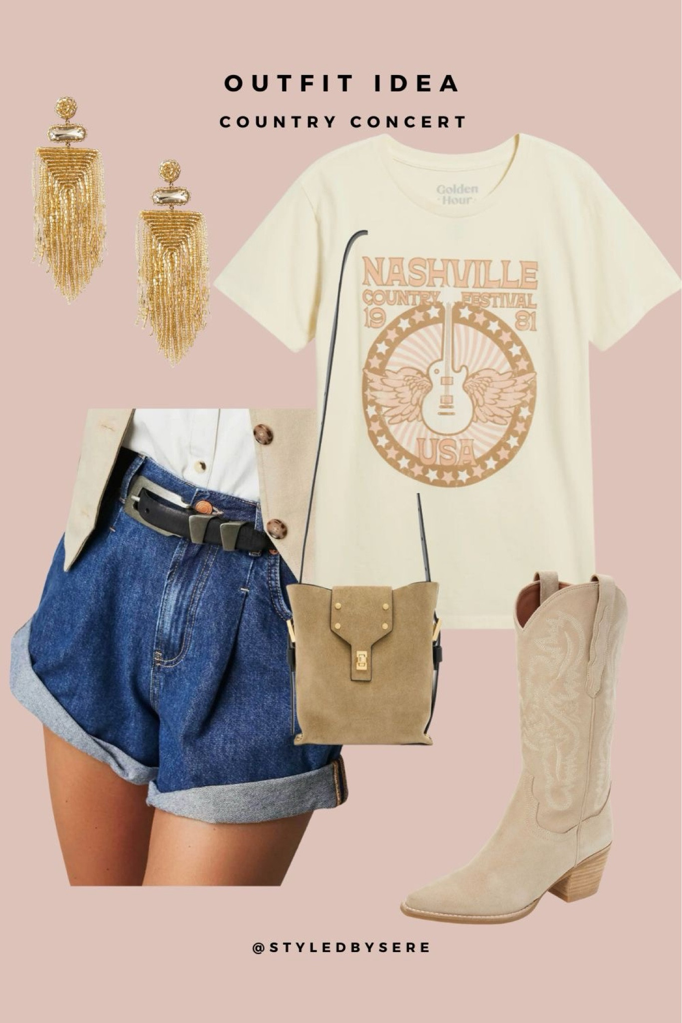 Step up your denim game with a pair of pleated, rolled ballooned shorts this summer. Add an oversized country tee & gorgeous suede mid-calf cowboy boots. Now finish it off with shiny beaded earrings and a great crossbody bag and you're ready for comfort and concerts all season long!

#LTKParties #LTKTravel #LTKFestival