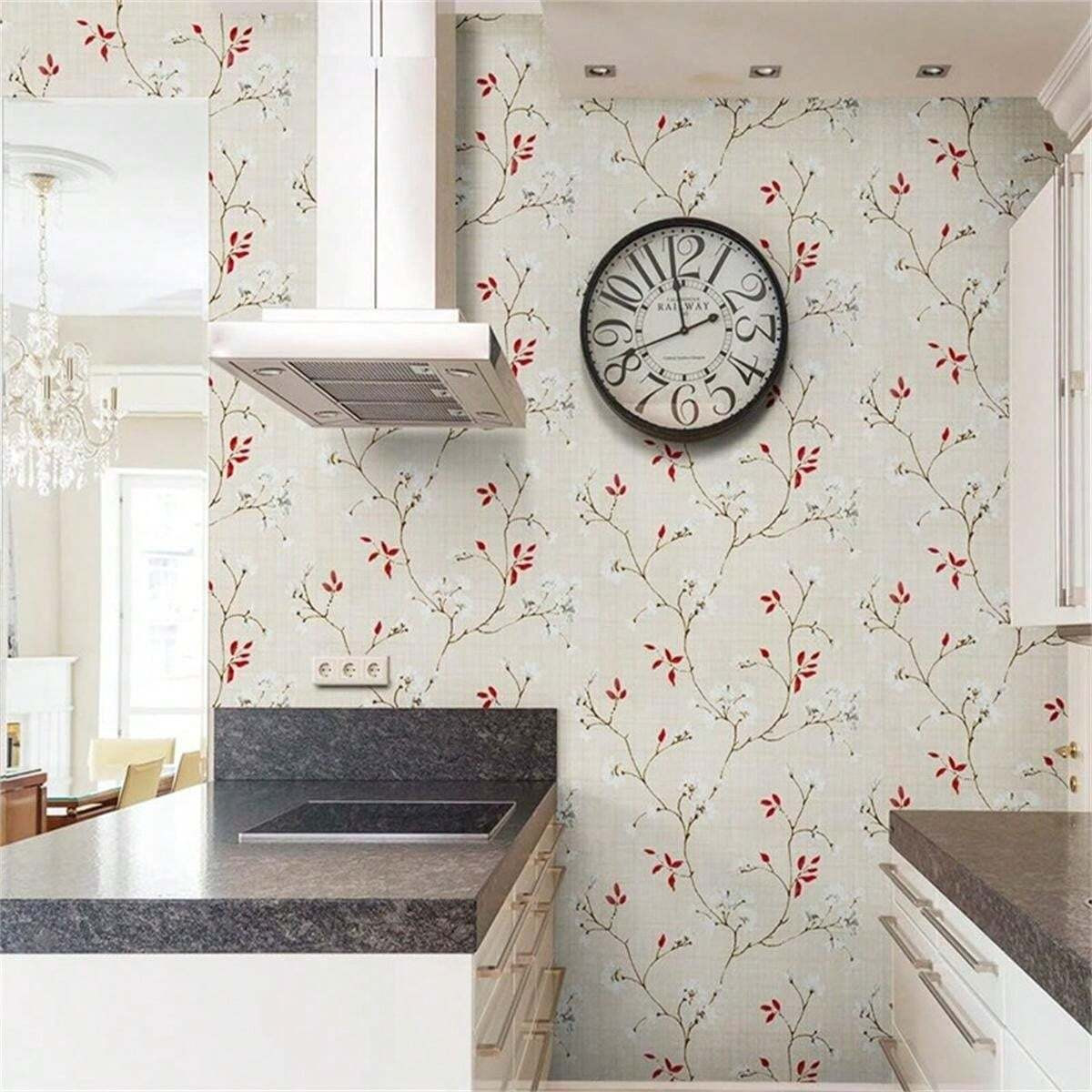 1 Roll Beige Red Floral Contact Self-Adhesive Paper, Removable PVC Wallpaper Peel And Stick For K... | SHEIN