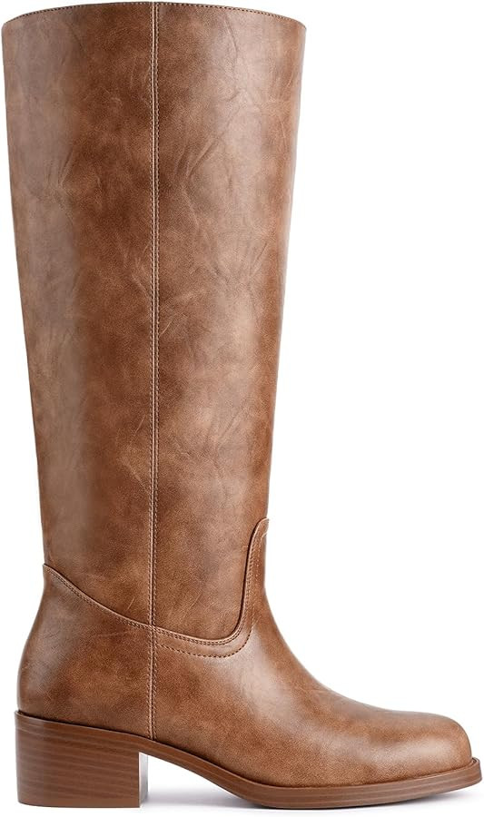 Women's Banana Knee High Boots Square Toe Chunky Block Heel Comfortable Low Heel Pull on Wide Cal... | Amazon (US)