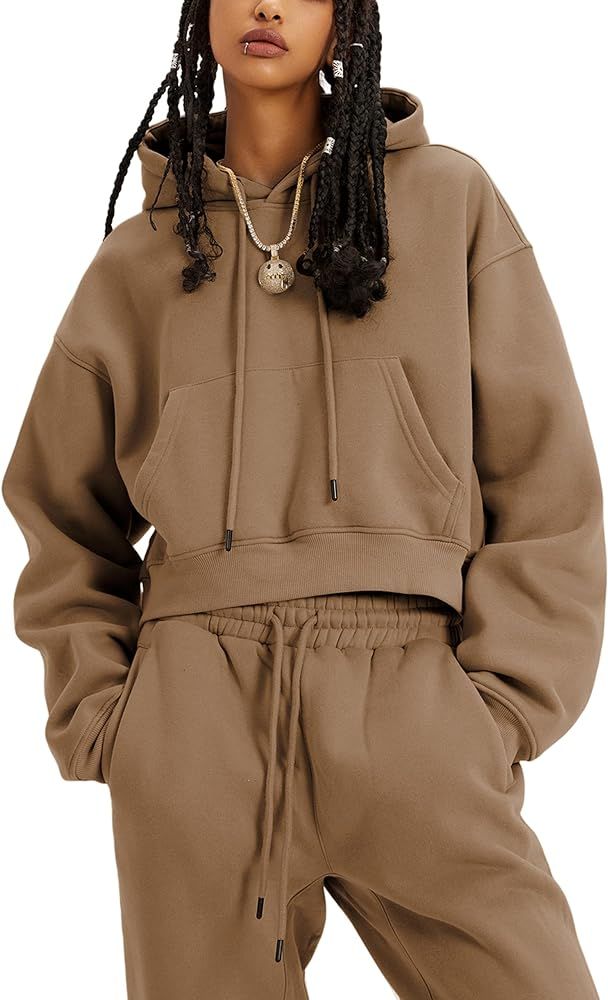 Lentta Women's Sweatsuit 2 Piece Outfits Fleece Crop Hoodies Pullover Sweatshirt Sweatpants Pocke... | Amazon (US)