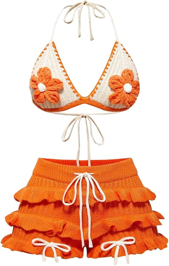 MakeMeChic Women's 2 Piece Set Summer Outfits 3D Floral Halter Top and Wide Leg Shorts Coverup | Amazon (US)
