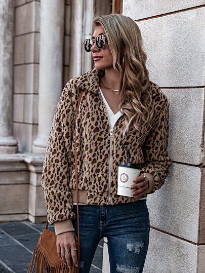 Cheetah Print Zip Up Teddy Jacket | SHEIN