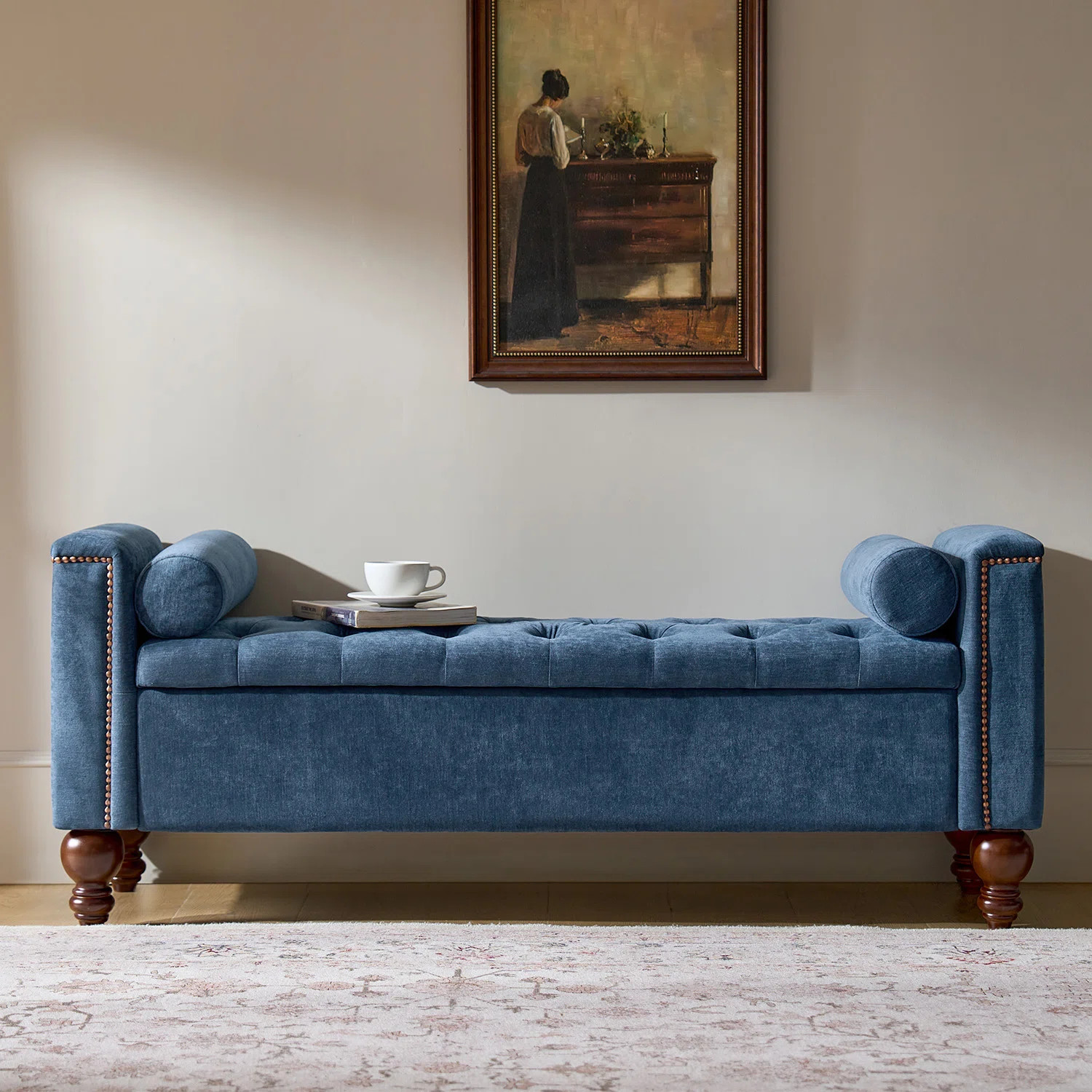 Delor Traditional 59.5" W Storage Bench with Two Circular Pillows and Solid Wood Legs | Wayfair North America