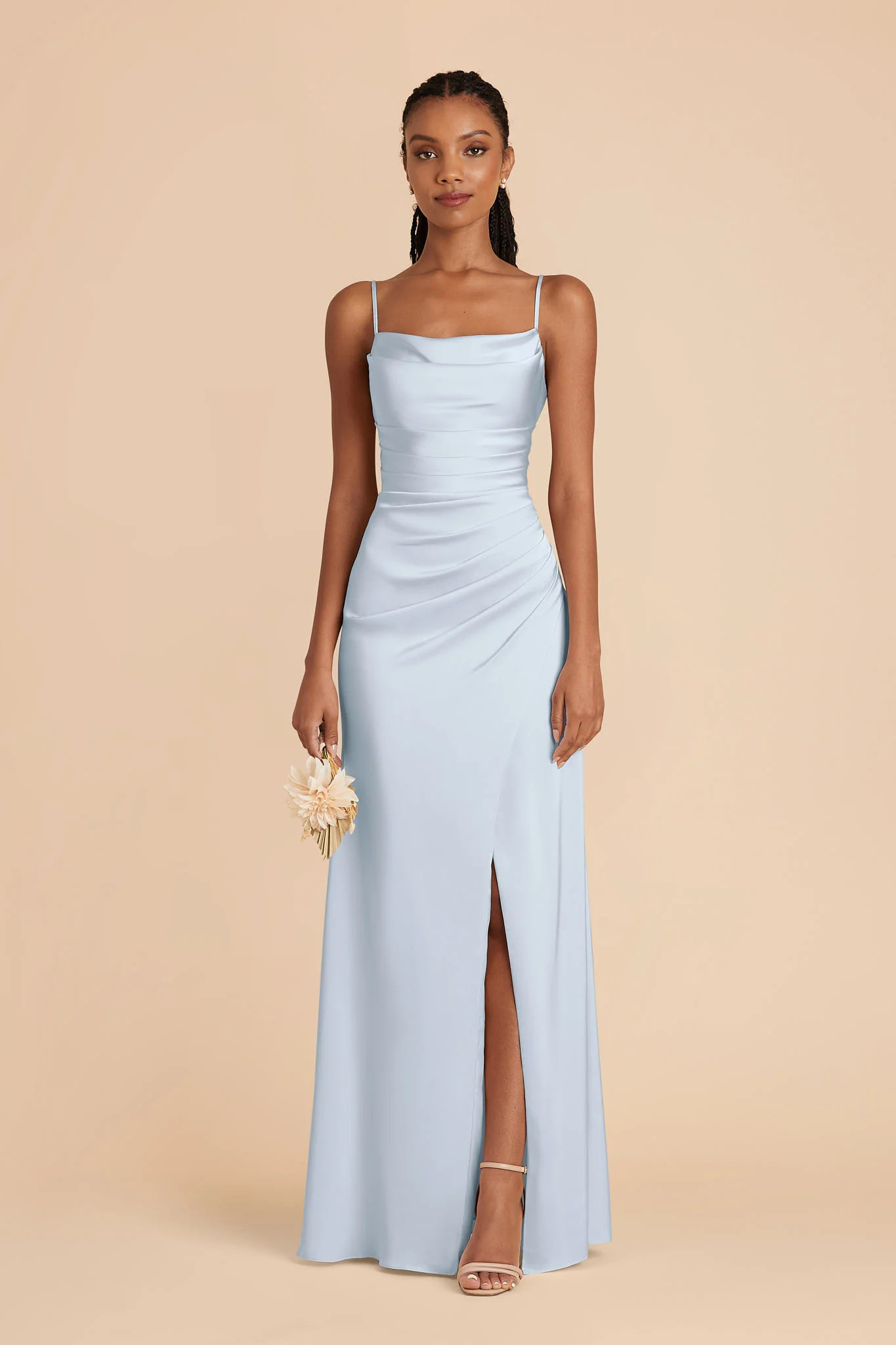 Lydia Mist Blue Cowl Neck Matte Satin Bridesmaid Dress | Birdy Grey | Birdy Grey
