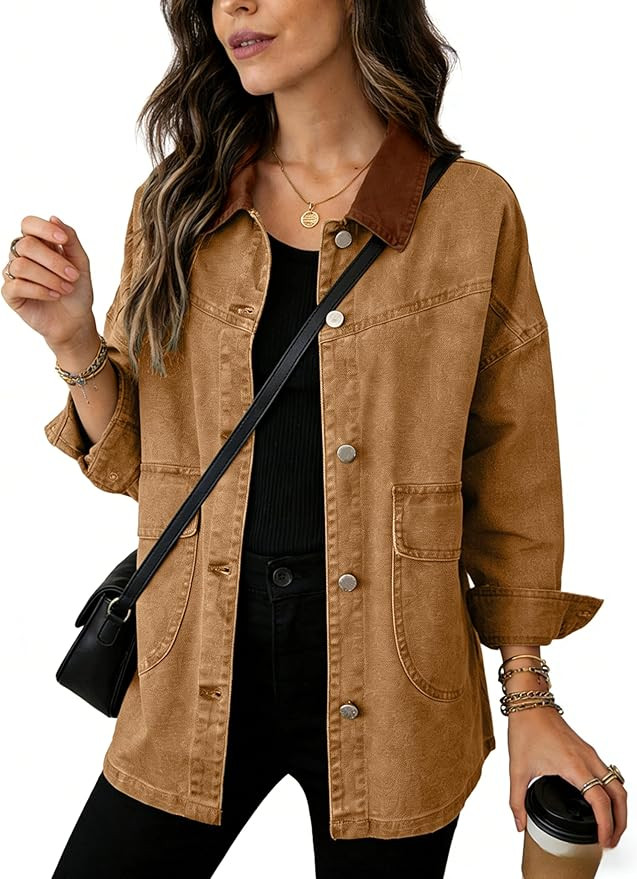 Yeokou Women's Oversized Contrast Collar Denim Barn Jacket Button Down Big Pockets Spring Fall Tr... | Amazon (US)