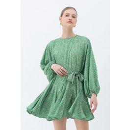 Green Floret Bubble Sleeves Frilling Dress | Chicwish