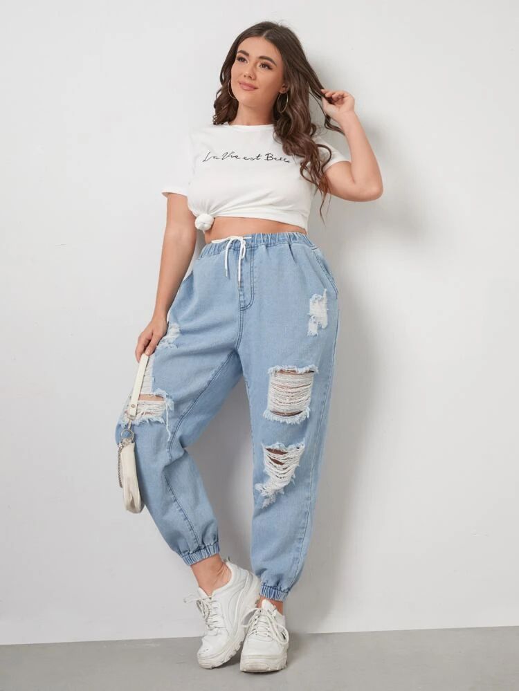 Plus Drawstring Waist Ripped Jeans | SHEIN