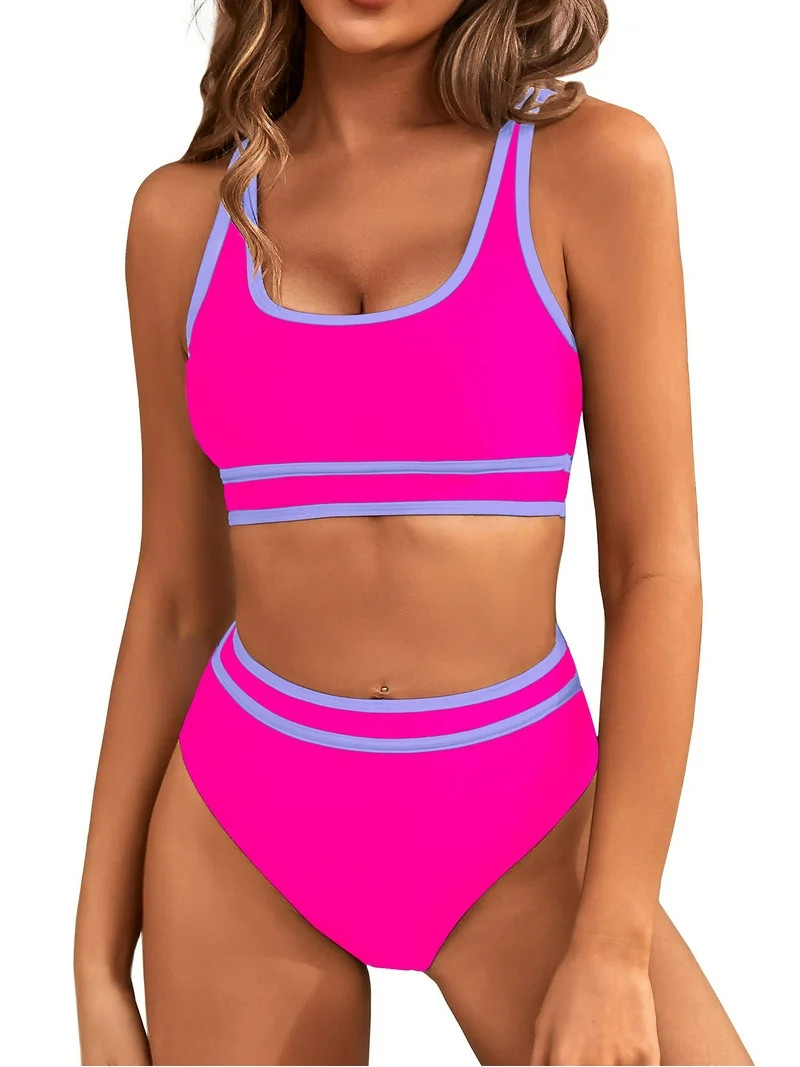 MOSHU High Waisted Womens Bikini Sets Sporty Two Piece Swimsuits for Women Color Block High Cut B... | Walmart (US)