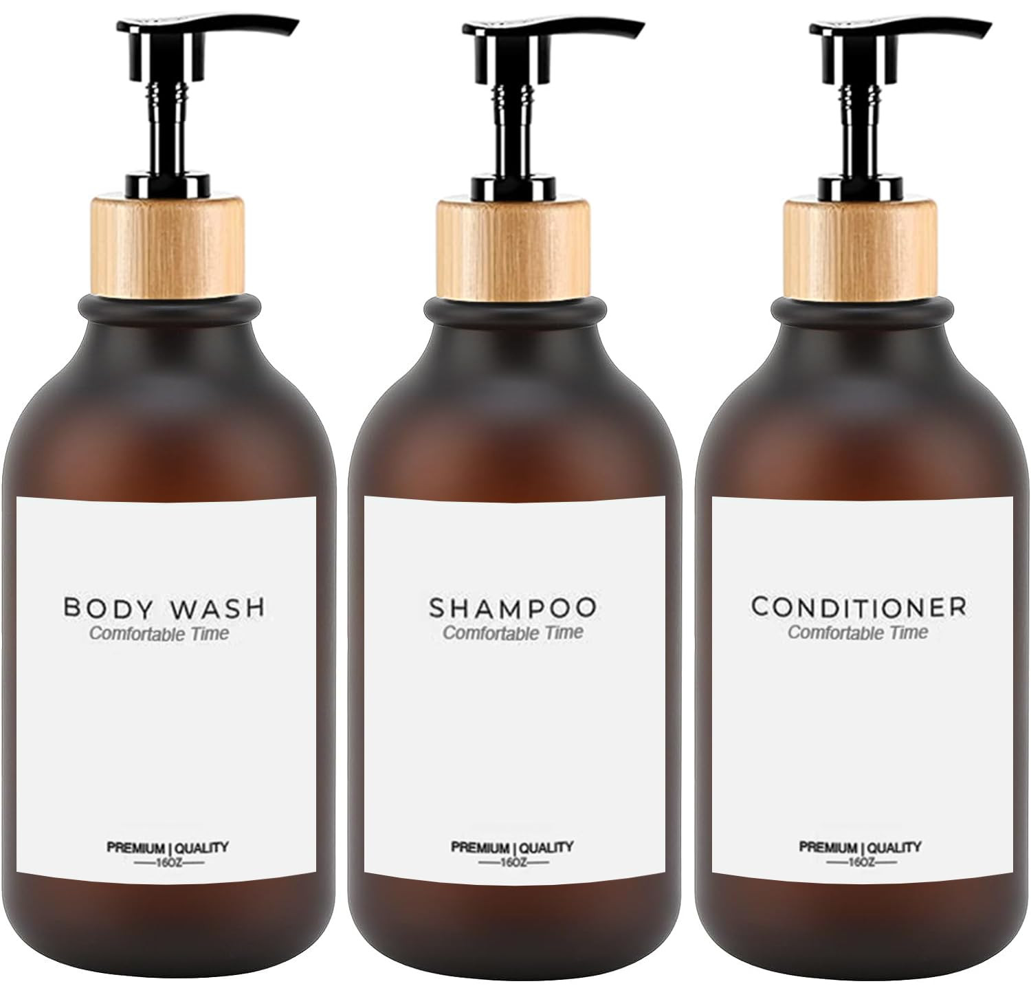 Frosted Heavy Duty Shampoo and Conditioner Bottles, Apothecary Dispenser Bamboo Pump, Refillable ... | Amazon (US)