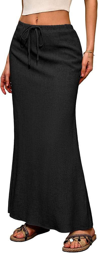 ELLEVEN Linen Flared Maxi Skirt with Back Slit - Elastic Waist Drawstring Long Flowy Ankle-Length... | Amazon (US)