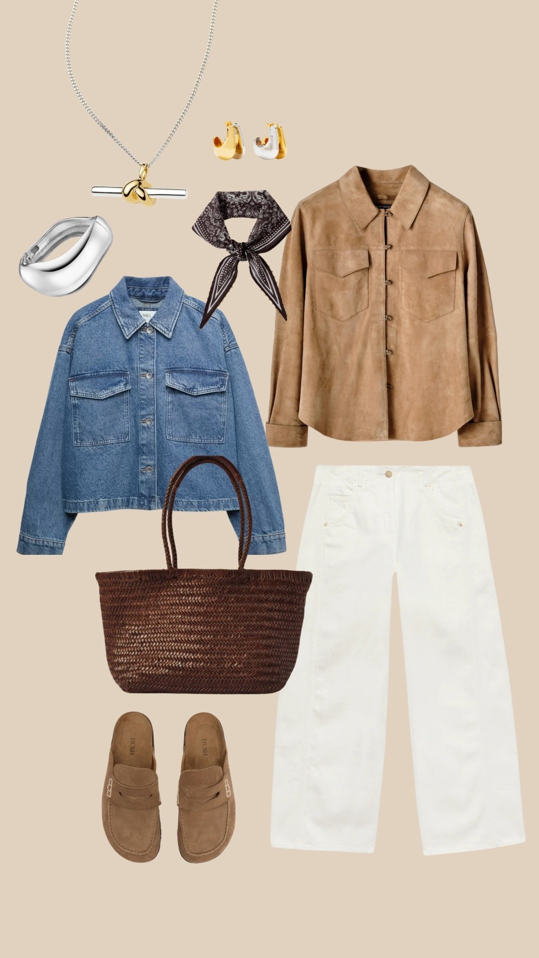 Spring style, suede shirt, suede jacket, denim shirt, silver bangle, woven leather basket bag, neck scarf, bandana scarf

#LTKspring #LTKeurope #LTKuk