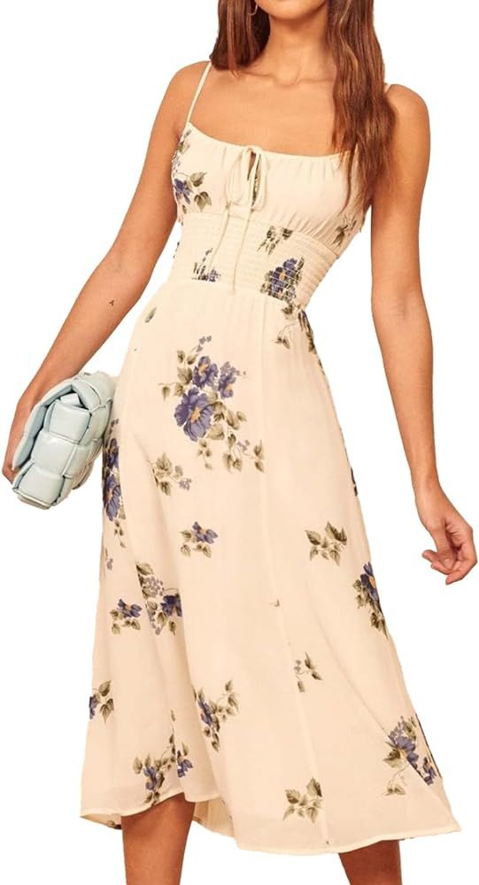 Jardinvue Women Floral Dress Summer Cami Dress Casual Lace Up Dress Backless Midi Dress Spaghetti... | Amazon (US)