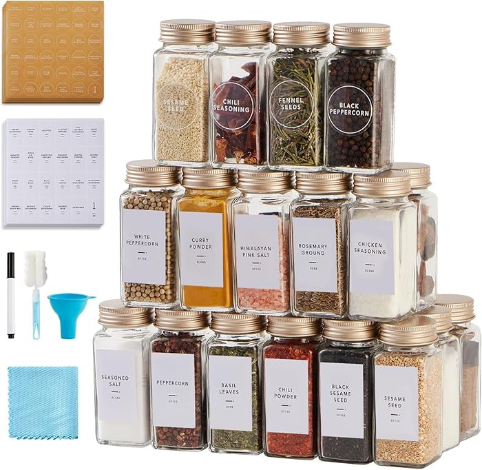 48 Pcs Spice Jars with Label- Glass Spice Jars with Gold Metal Caps,Shaker Lids, Funnel, Chalk Pe... | Amazon (US)