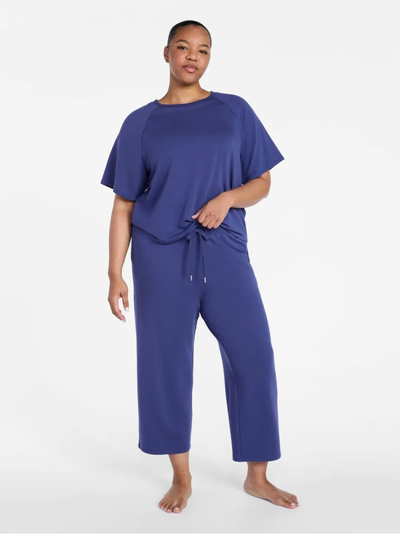 Joyspun Women's French Terry Lounge Sleep Short Sleeve Top and Capri Pants Set, 2-Piece, Sizes XS... | Walmart (US)