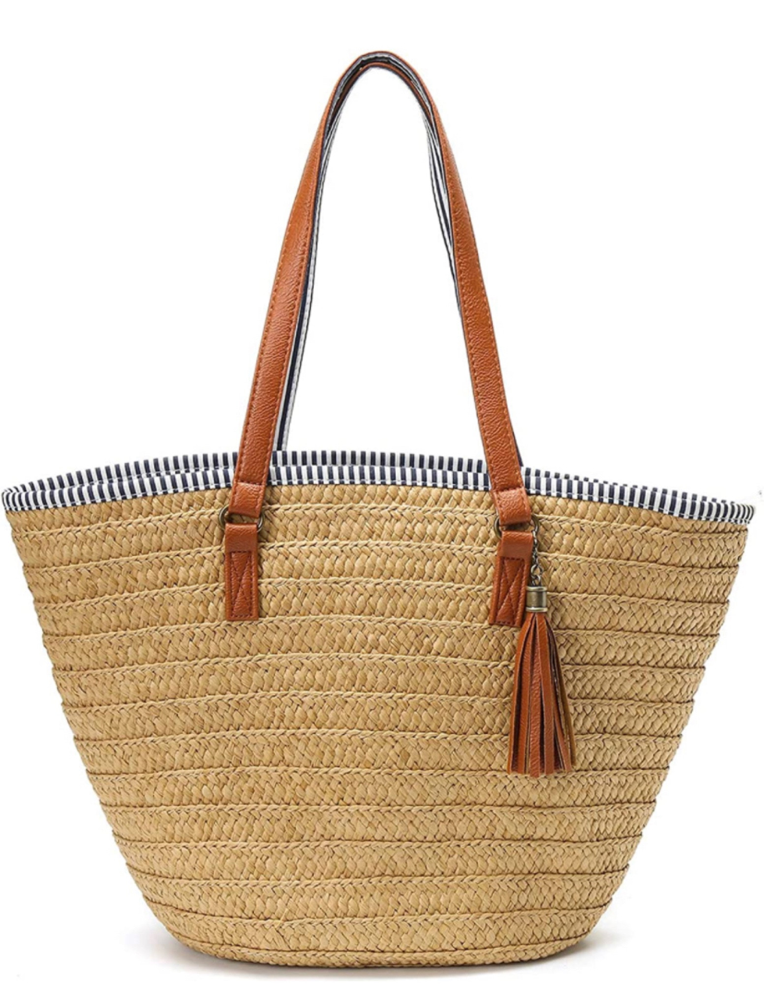 Darling straw tote with blue and white striped lining. Zip top, interior pockets. Great price! I love carrying this for summer. 💙

#LTKFind #LTKSeasonal #LTKunder50