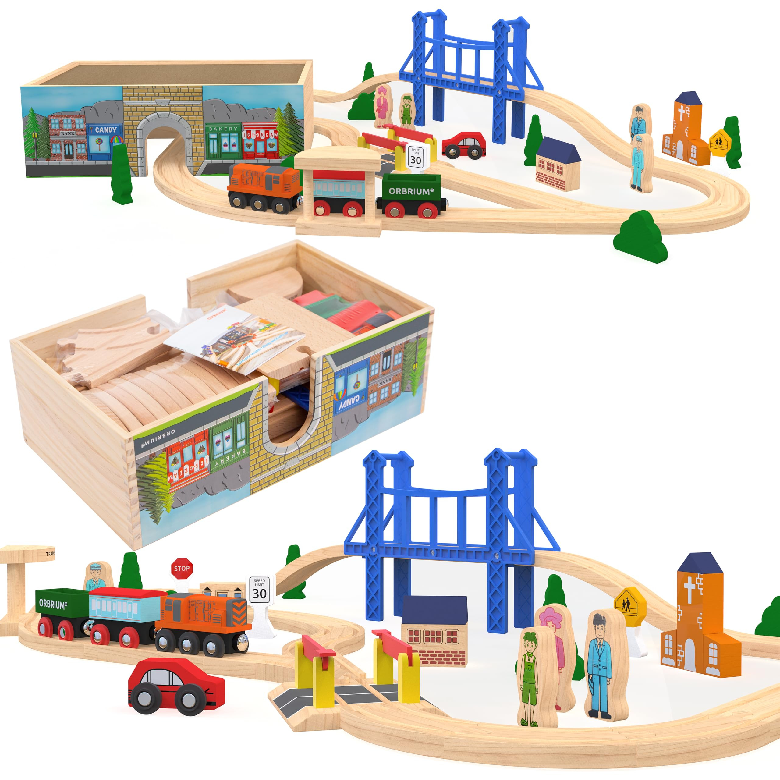 Wooden Train Set Deluxe 52 Pcs with Wooden Storage Gift Box Tunnel Compatible with Thomas, Brio, ... | Amazon (US)