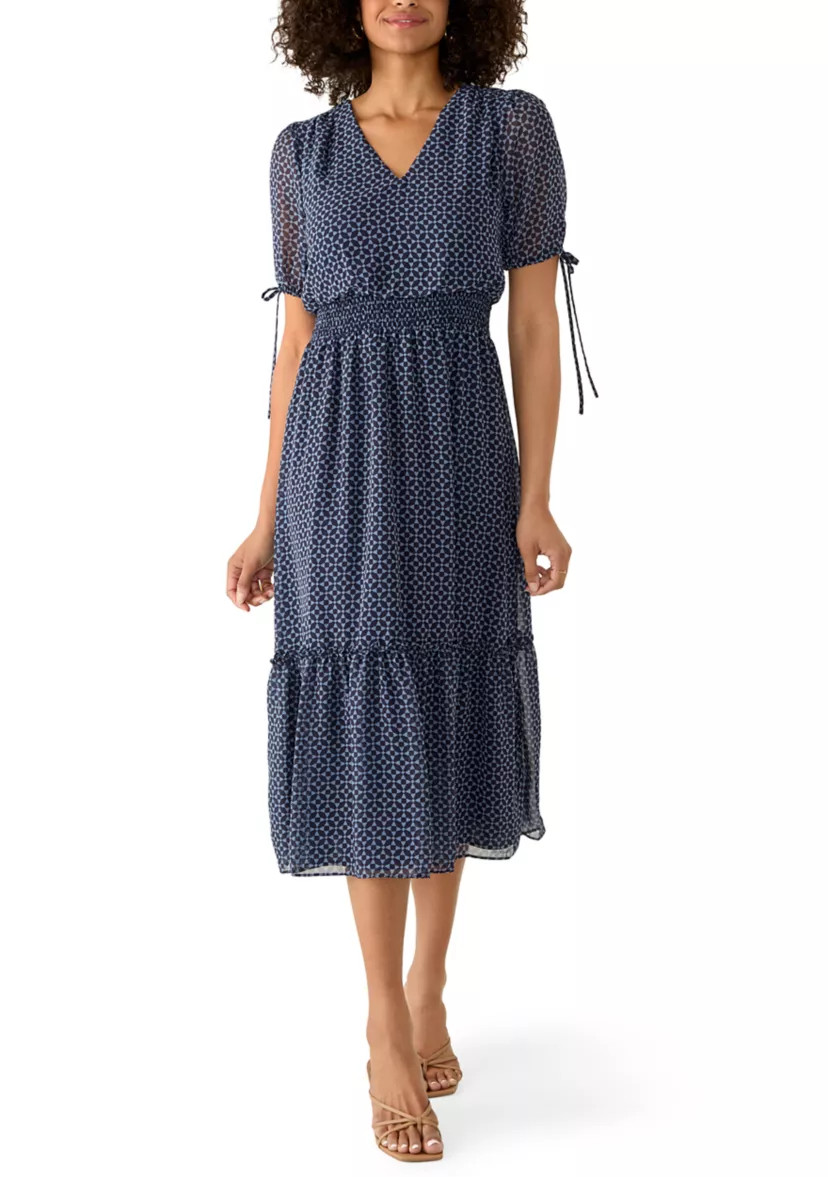 Women's Tie Short Sleeve V-Neck Smock Waist Geometric Print Dress | Belk
