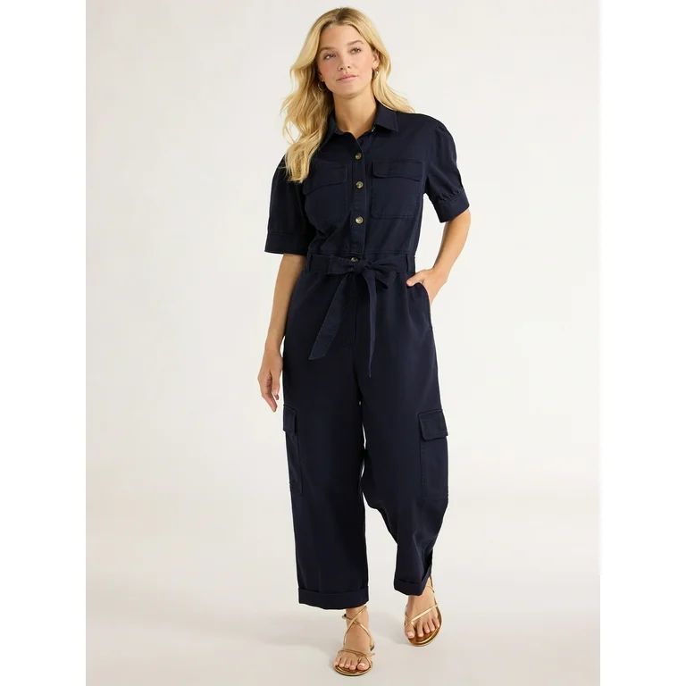 Free Assembly Women’s Cotton Cargo Jumpsuit with Puff Sleeves, 26” Inseam, Sizes XS-XXL | Walmart (US)