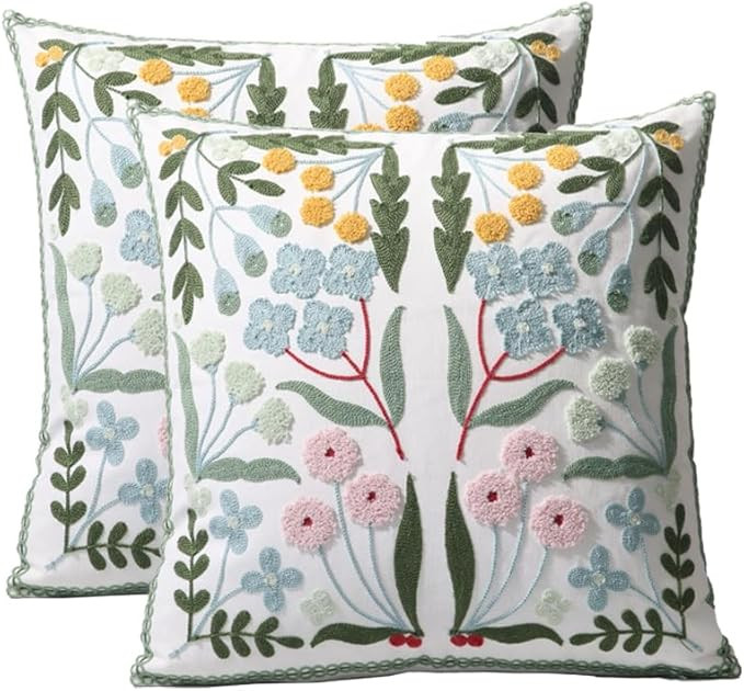 Pack of 2 Embroidered Decorative Throw Pillow Cover 18x18 Inch Farmhouse Floral Pillowcase for Li... | Amazon (US)
