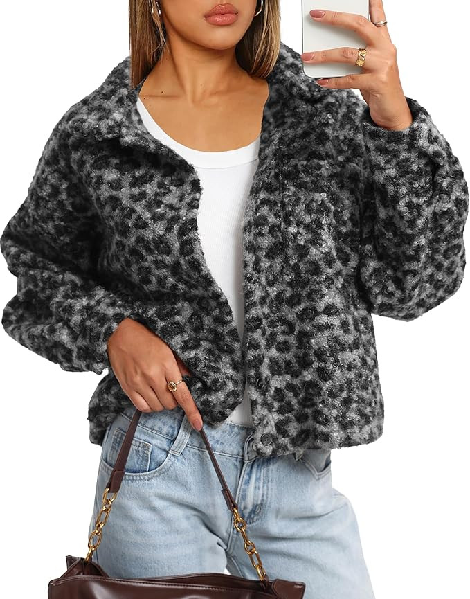 Darong Women's Cropped Fuzzy Fleece Jacket Button Down Plaid Leopard Jackets 2025 Fall Winter Sof... | Amazon (US)