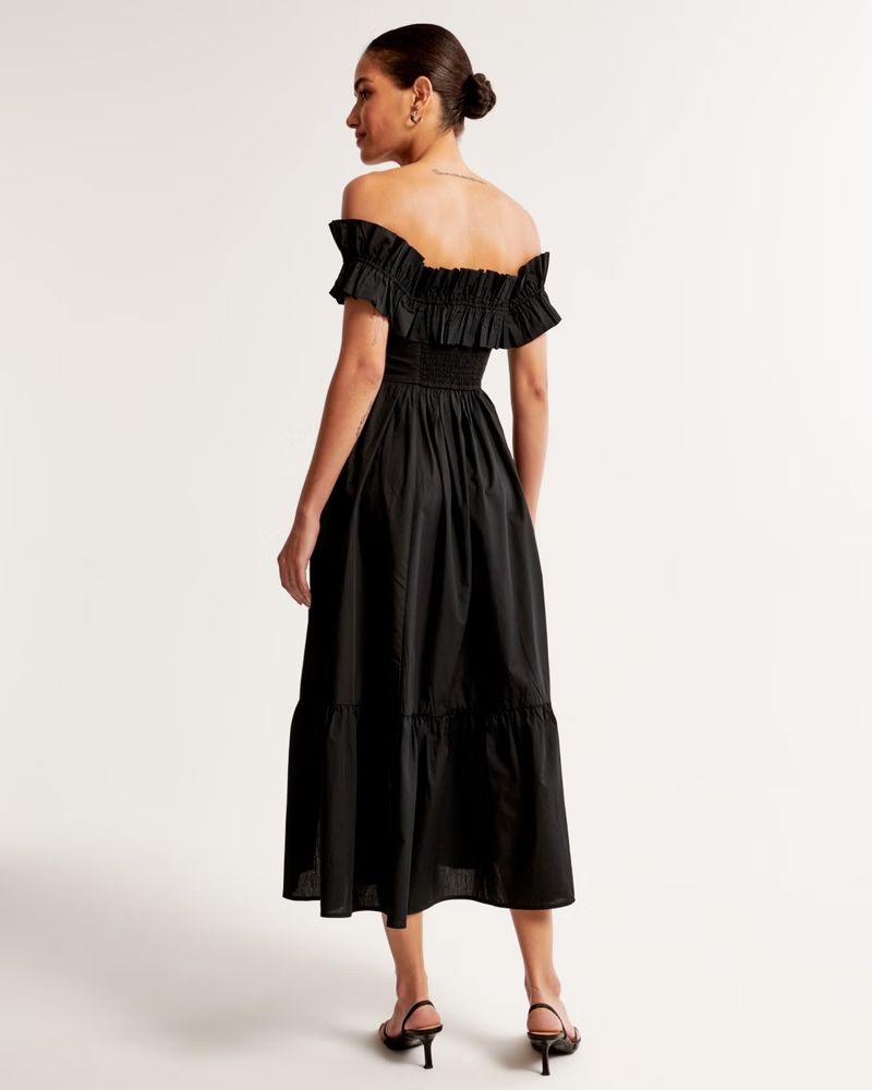 Women's Off-The-Shoulder Ruffle Midi Dress | Women's New Arrivals | Abercrombie.com | Abercrombie & Fitch (US)