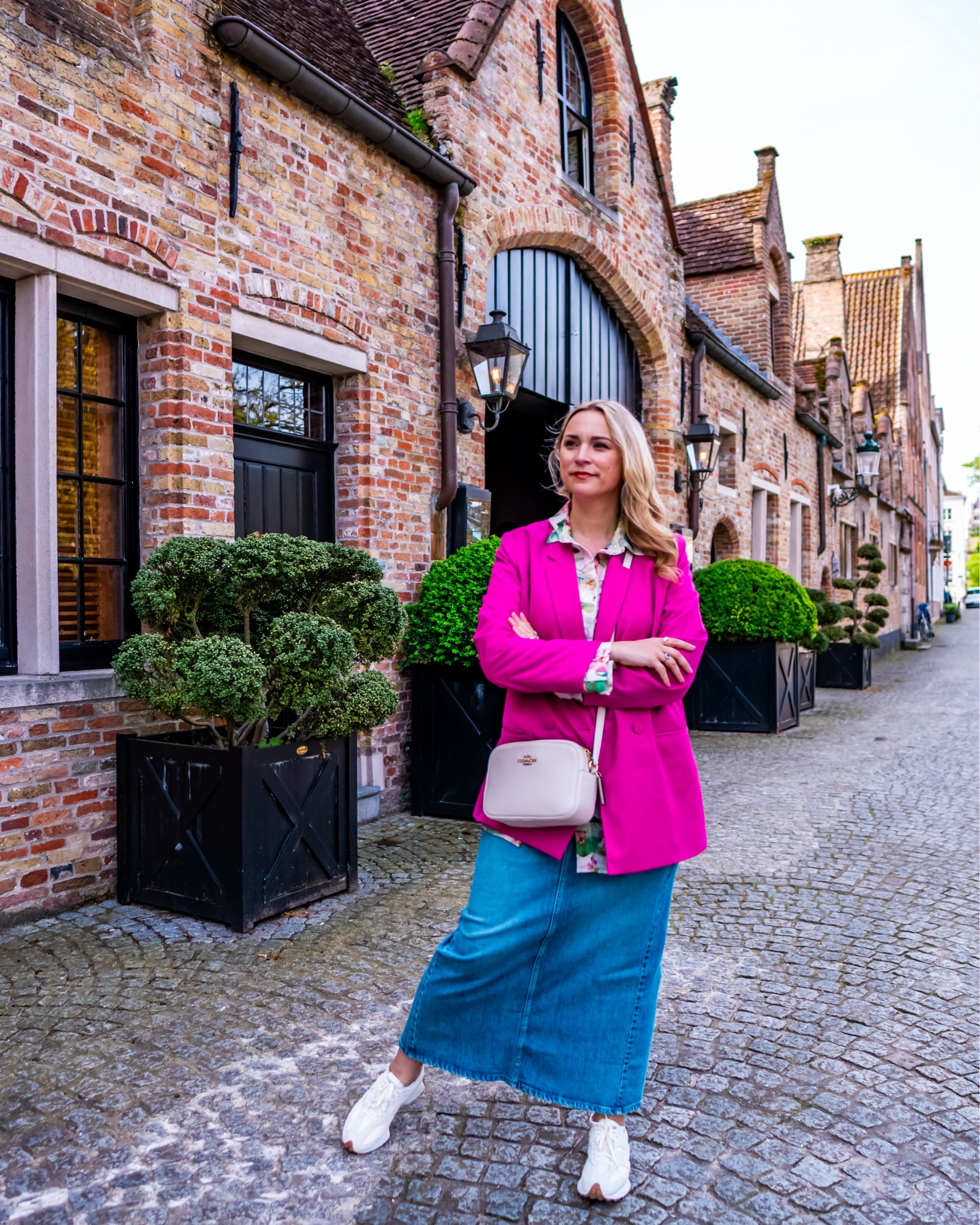 Comfortable Spring outfit - long blazer, floral button down, maxi denim skirt, New Balance sneakers  

#LTKmidsize #LTKstyletip #LTKfindsunder100