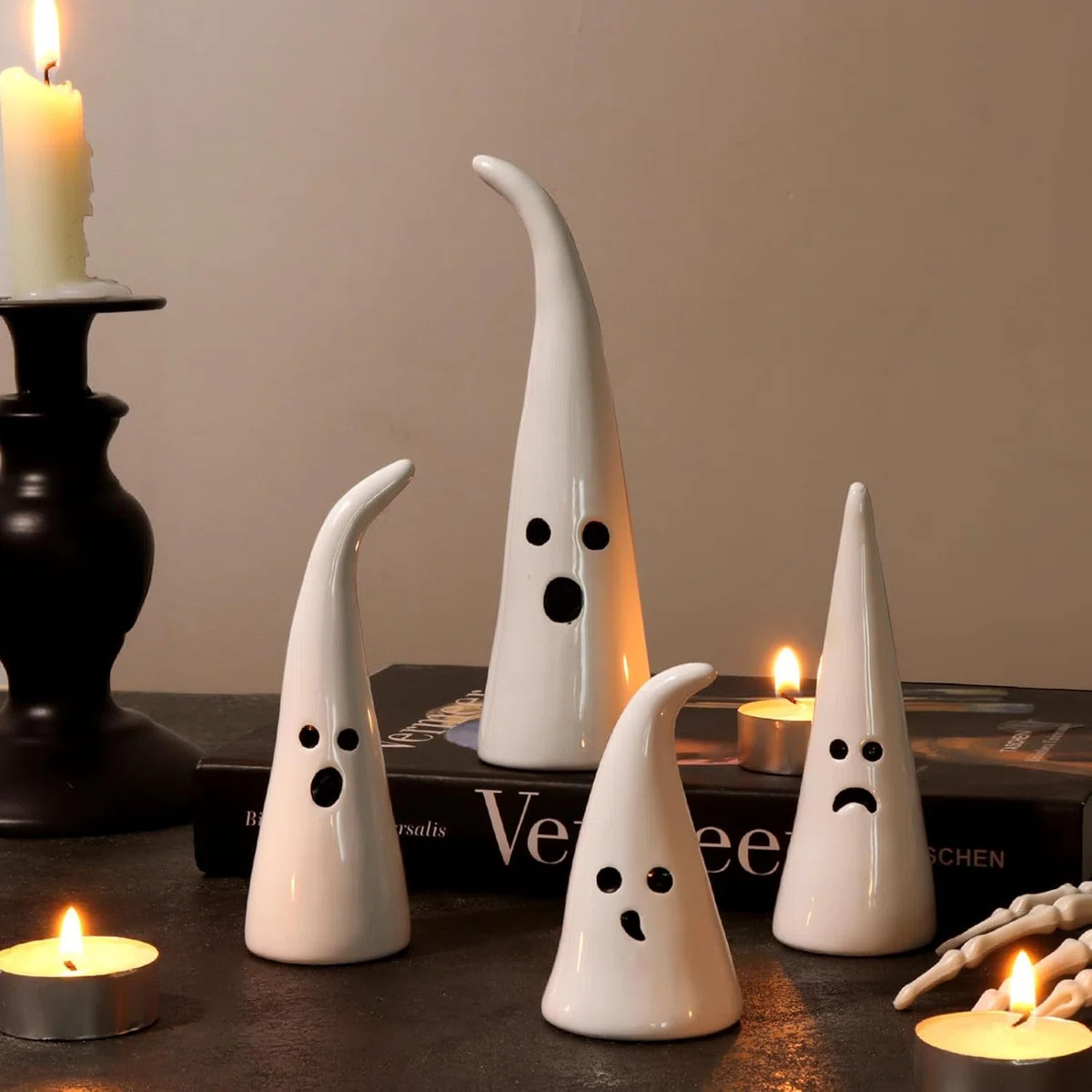 Halloween Ceramic Ghost Figurine: 4 pcs Cute White Ghosts Decorations, Small Statue With Pointy T... | Wayfair North America