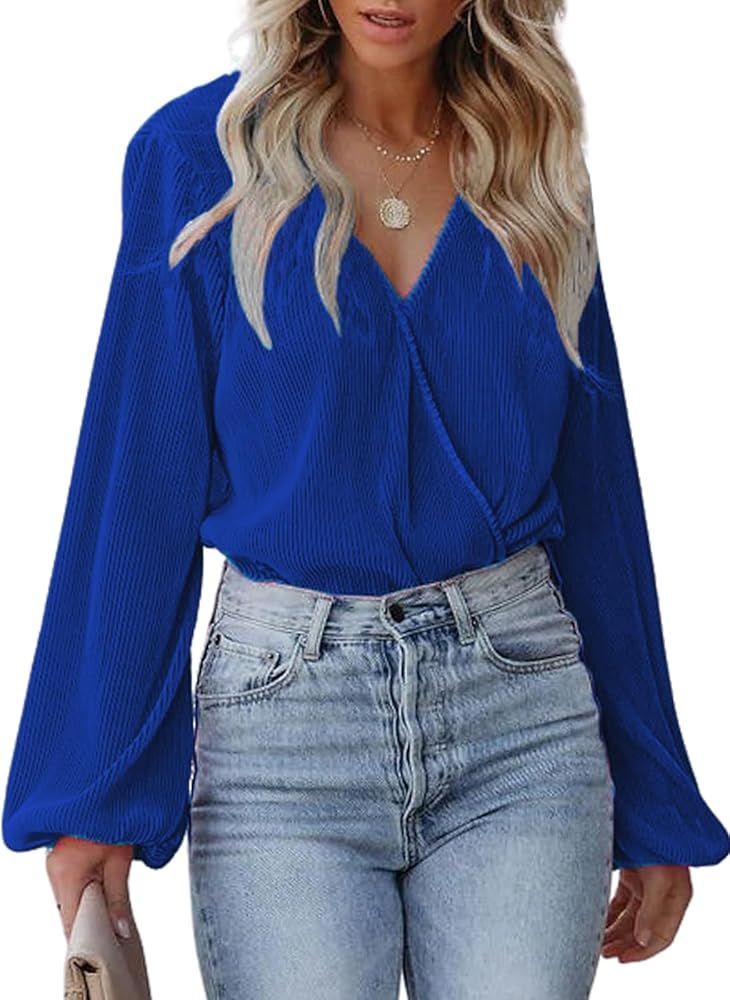 CUPSHE Women Peasant Sleeve Tops Casual Loose Fit V Neck Solid Ruched Blouse | Amazon (US)